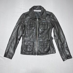 Superdry Ramona Jacket Womens Medium Black Leather Moto Biker Adjustable Pockets